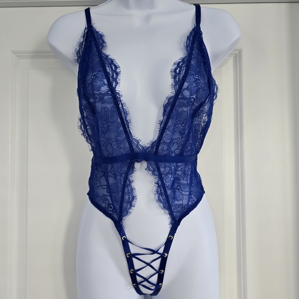 Victoria's Secret Royal Blue Lace Deep V Bodysuit Size M